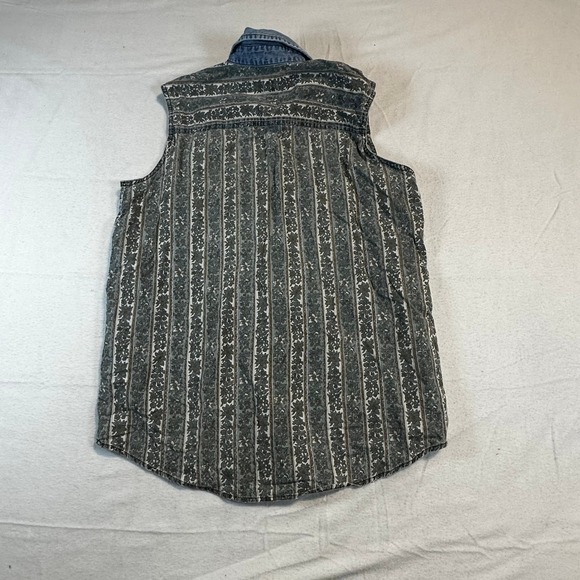 Vintage 90s Women Medium Sleeveless Floral Stripe Denim Top Cottagecore Western - Picture 5 of 5